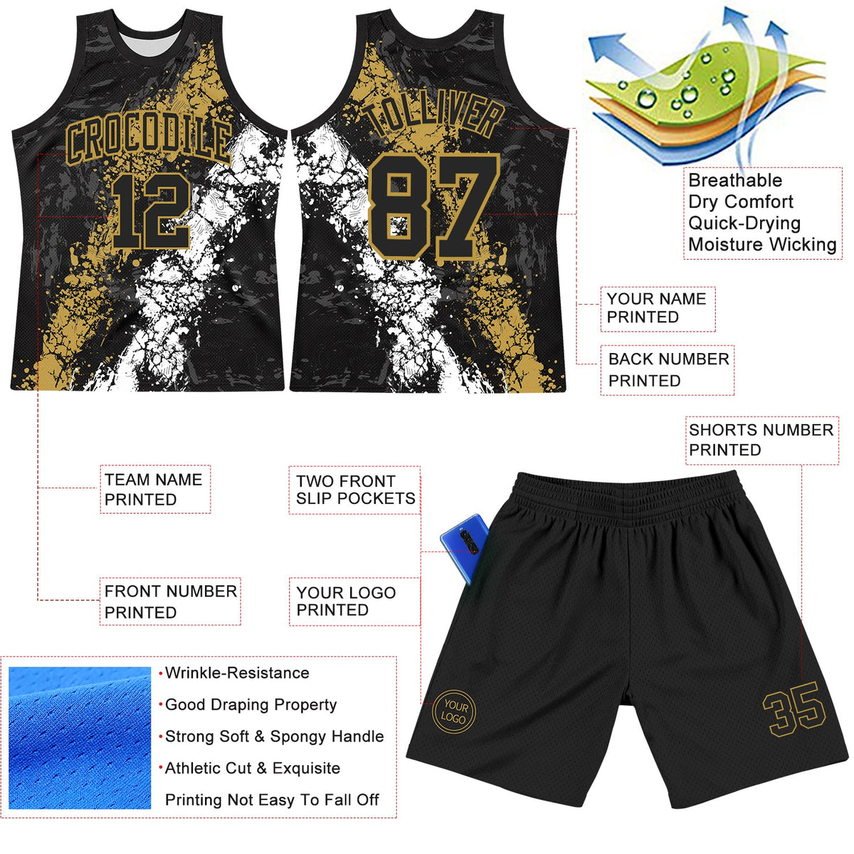Custom Black Old Gold-White Splash Round Neck Sublimation Basketball Set Jersey - Front