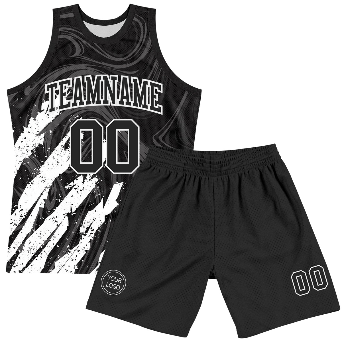 Custom Black White Splash Round Neck Sublimation Basketball Set Jersey - Back