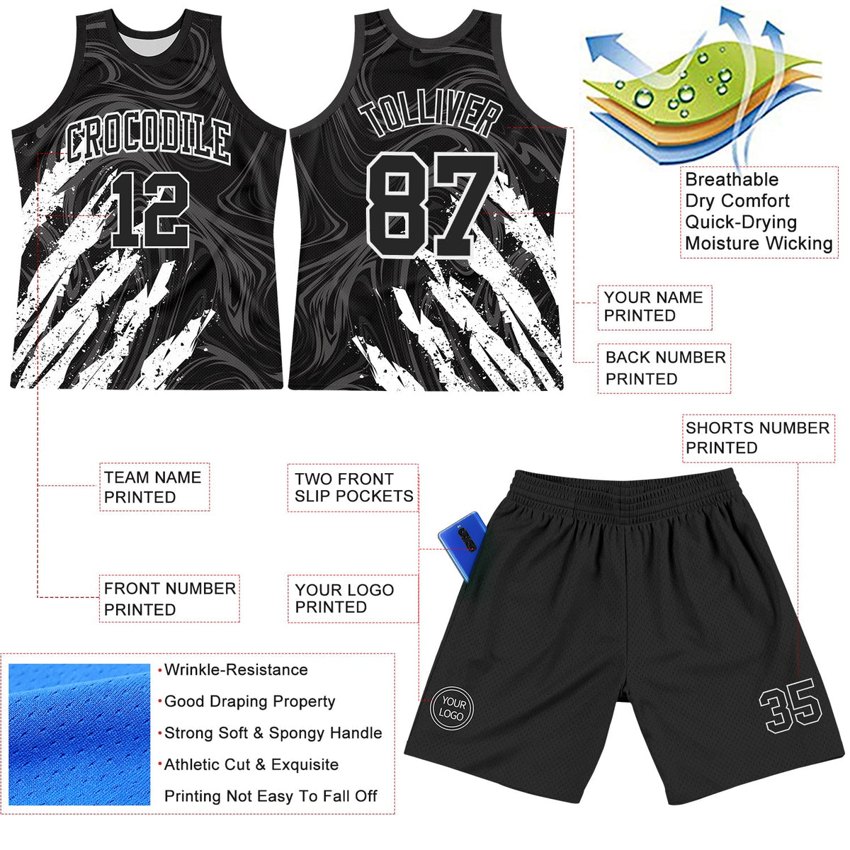 Custom Black White Splash Round Neck Sublimation Basketball Set Jersey - Front