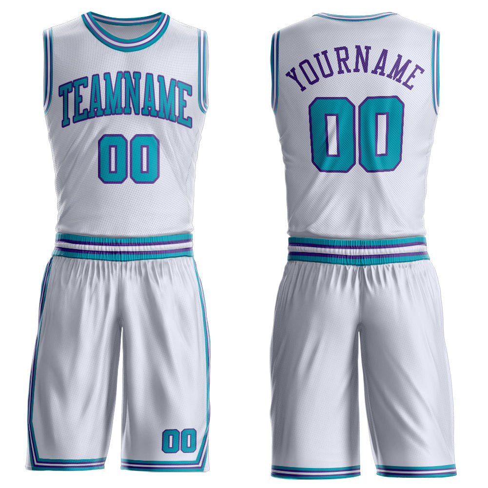 Custom White Teal-Purple Round Neck Basketball Uniform Jersey