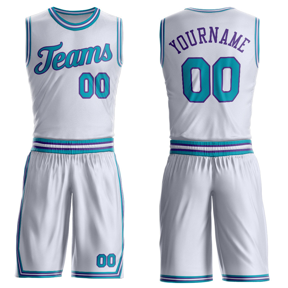 Custom White Teal-Purple Round Neck Basketball Uniform Jersey