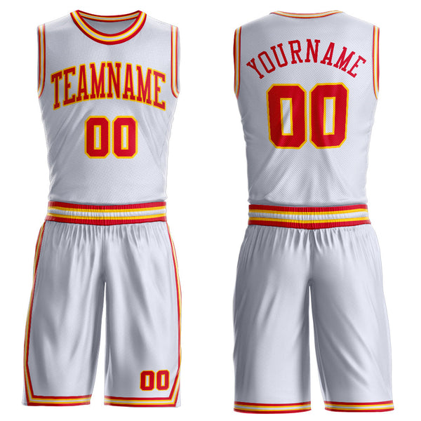 Custom White Red-Gold Round Neck Basketball Uniform Jersey