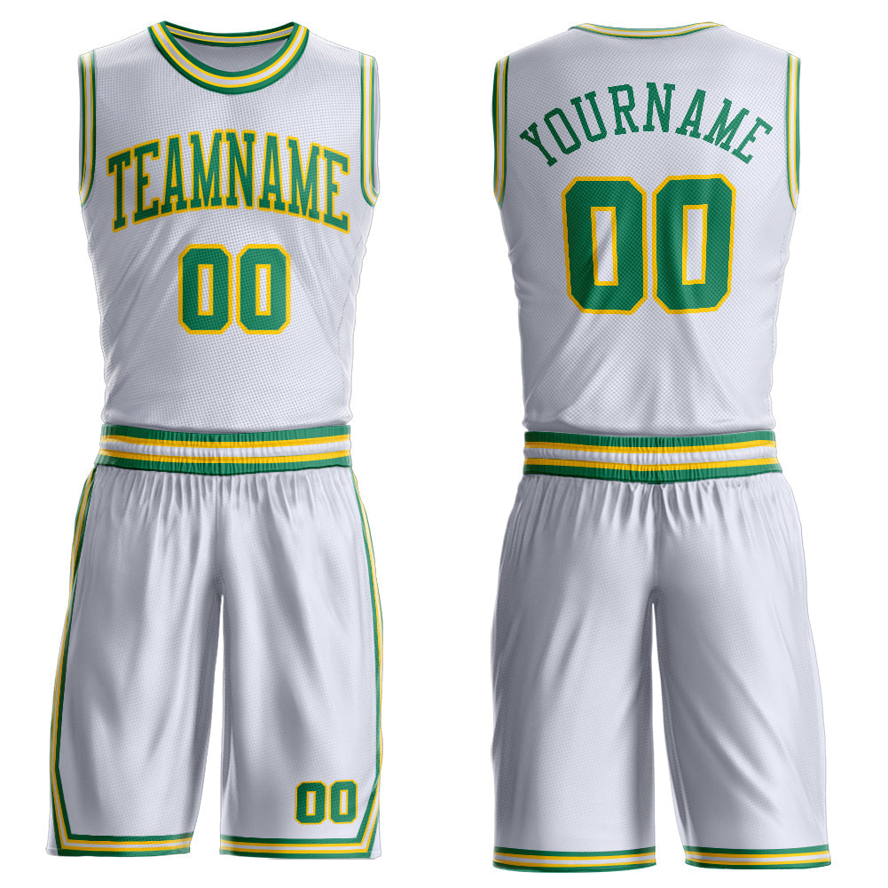 Custom White Kelly Green-Gold Round Neck Basketball Uniform Jersey