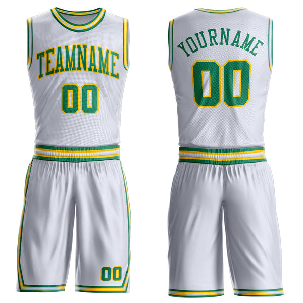 Custom White Kelly Green-Gold Round Neck Basketball Uniform Jersey