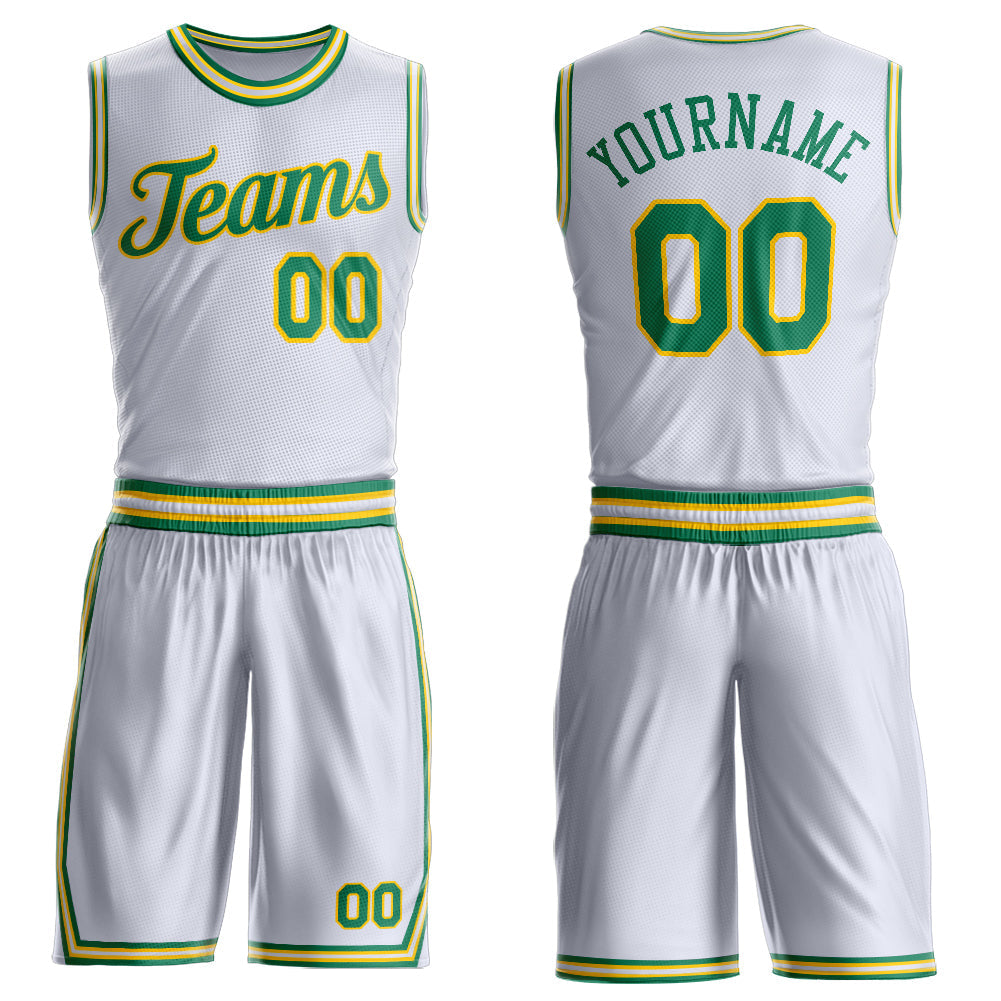 Custom White Kelly Green-Gold Round Neck Basketball Uniform Jersey