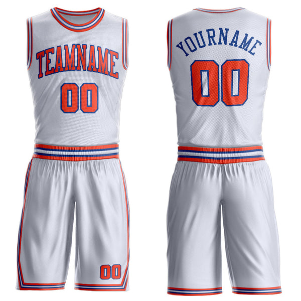 Custom White Orange-Royal Round Neck Basketball Uniform Jersey