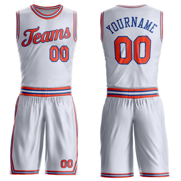 Custom White Orange-Royal Round Neck Basketball Uniform Jersey