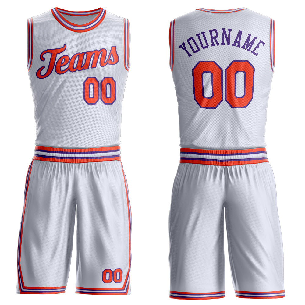 Custom White Orange-Purple Round Neck Basketball Uniform Jersey