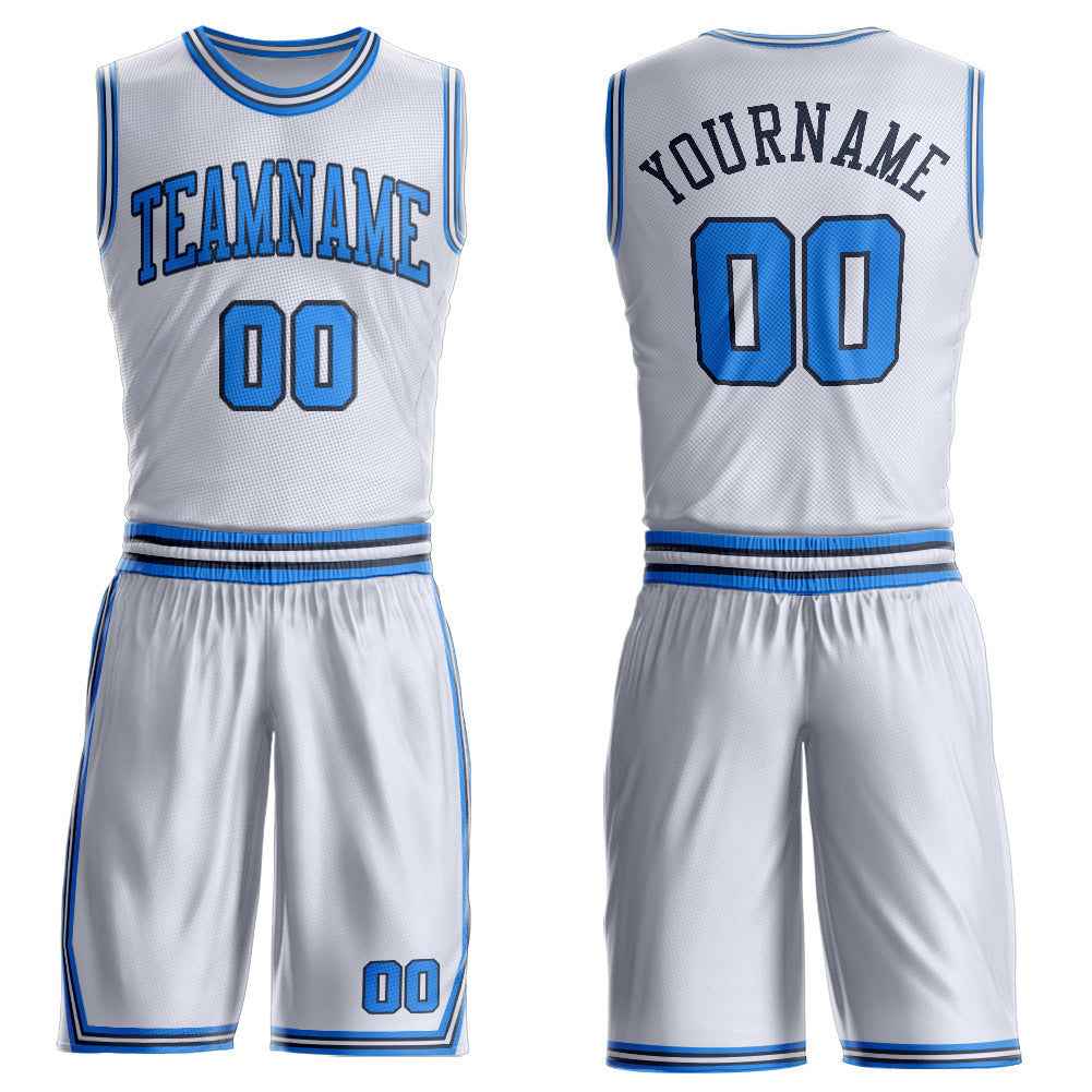 Custom White Powder Blue-Navy Round Neck Basketball Uniform Jersey
