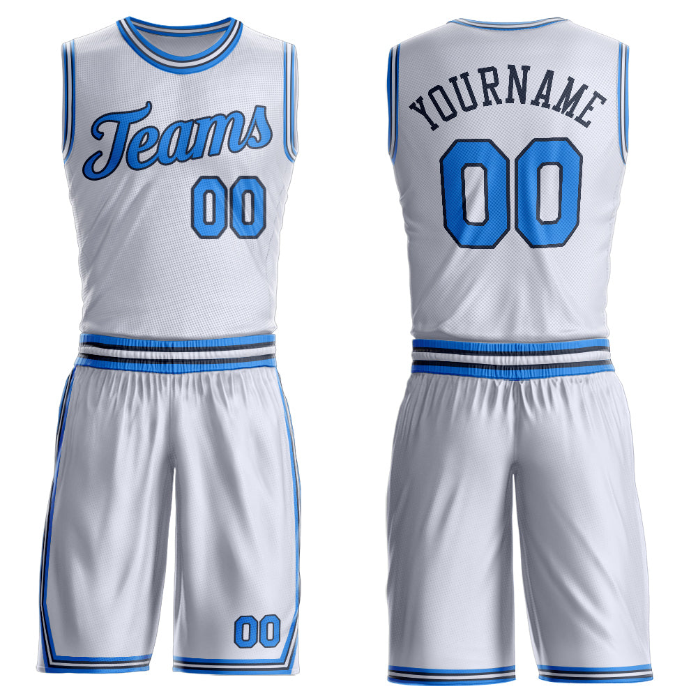 Custom White Powder Blue-Navy Round Neck Basketball Uniform Jersey