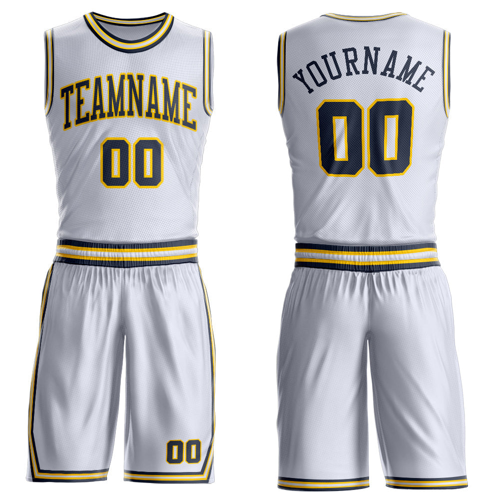 Custom White Navy-Gold Round Neck Basketball Uniform Jersey