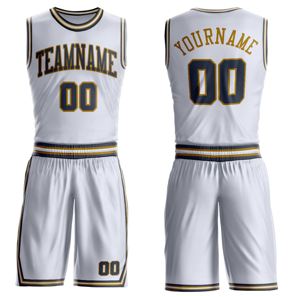 Custom White Navy-Old Gold Round Neck Basketball Uniform Jersey