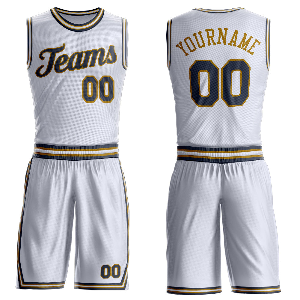 Custom White Navy-Old Gold Round Neck Basketball Uniform Jersey