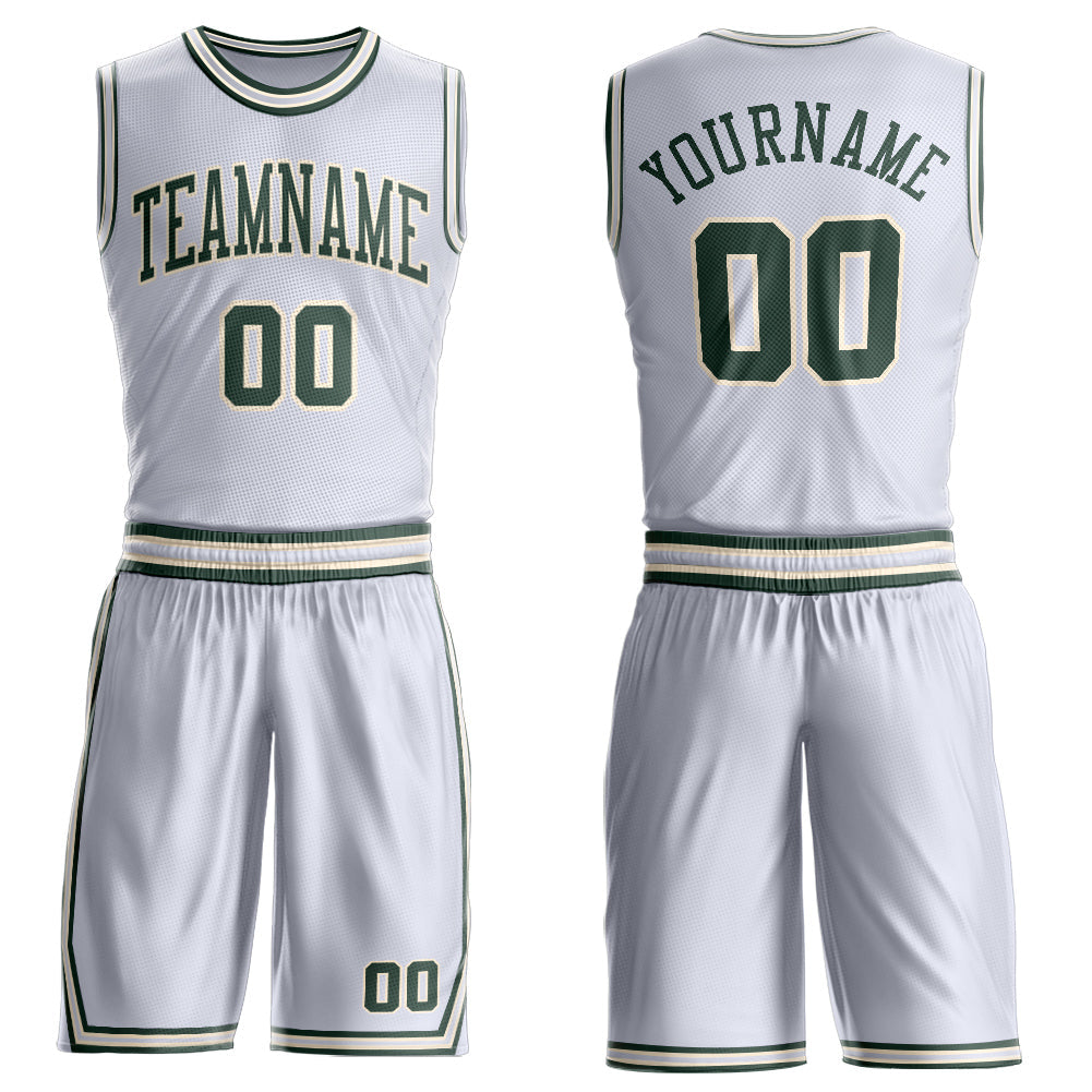 Custom White Green-Cream Round Neck Basketball Uniform Jersey