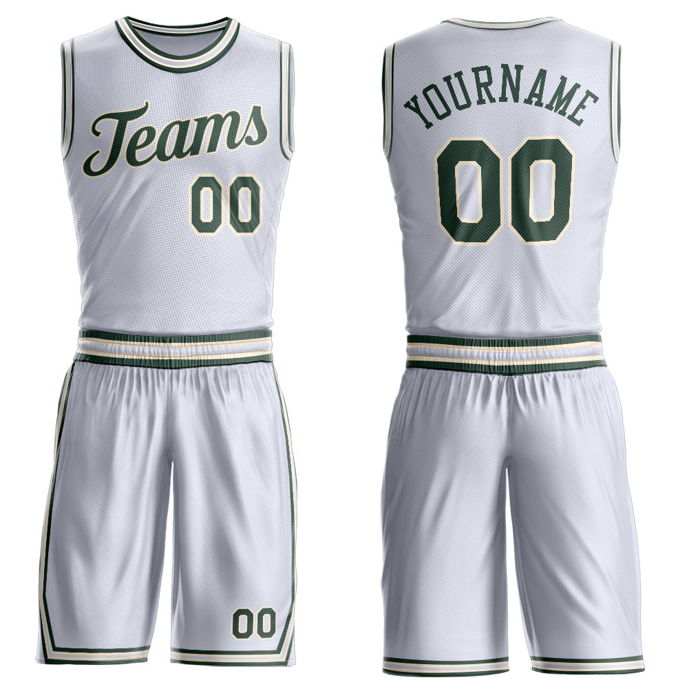 Custom White Green-Cream Round Neck Basketball Uniform Jersey