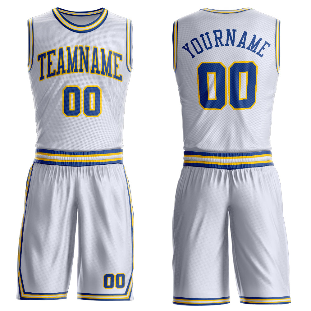 Custom White Royal-Gold Round Neck Basketball Uniform Jersey