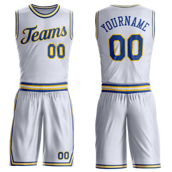 Custom White Royal-Gold Round Neck Basketball Uniform Jersey