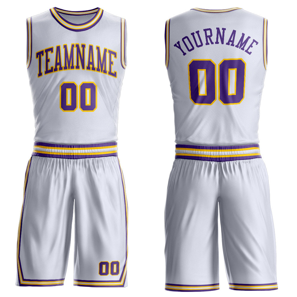 Custom White Purple-Gold Round Neck Basketball Uniform Jersey