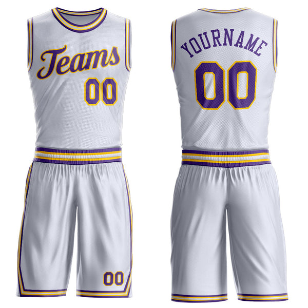 Custom White Purple-Gold Round Neck Basketball Uniform Jersey