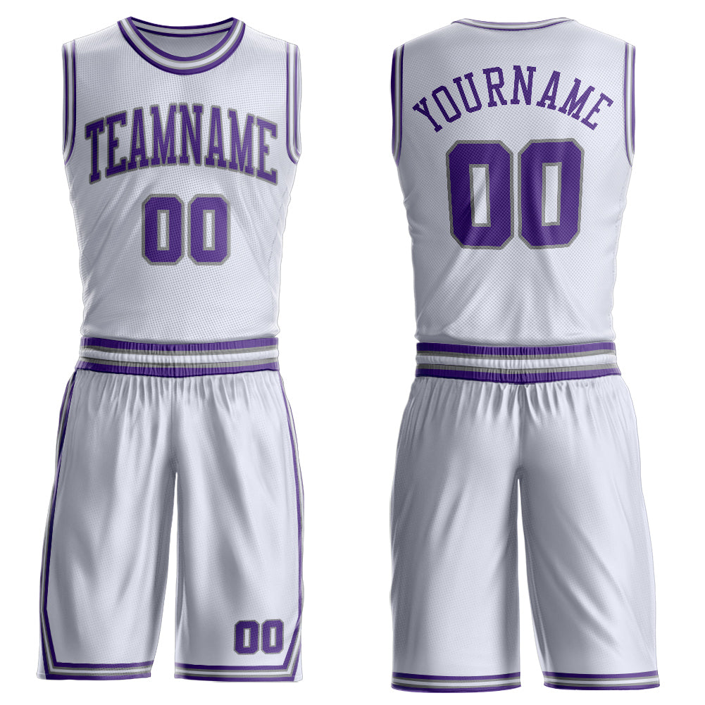 Custom White Purple-Gray Round Neck Basketball Uniform Jersey