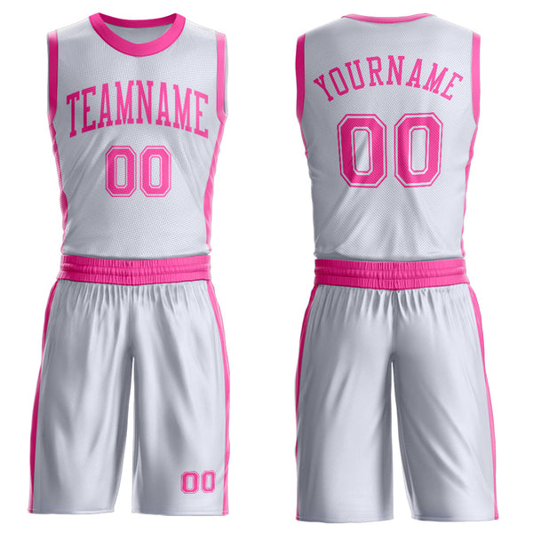 Custom White Pink Round Neck Basketball Uniform Jersey