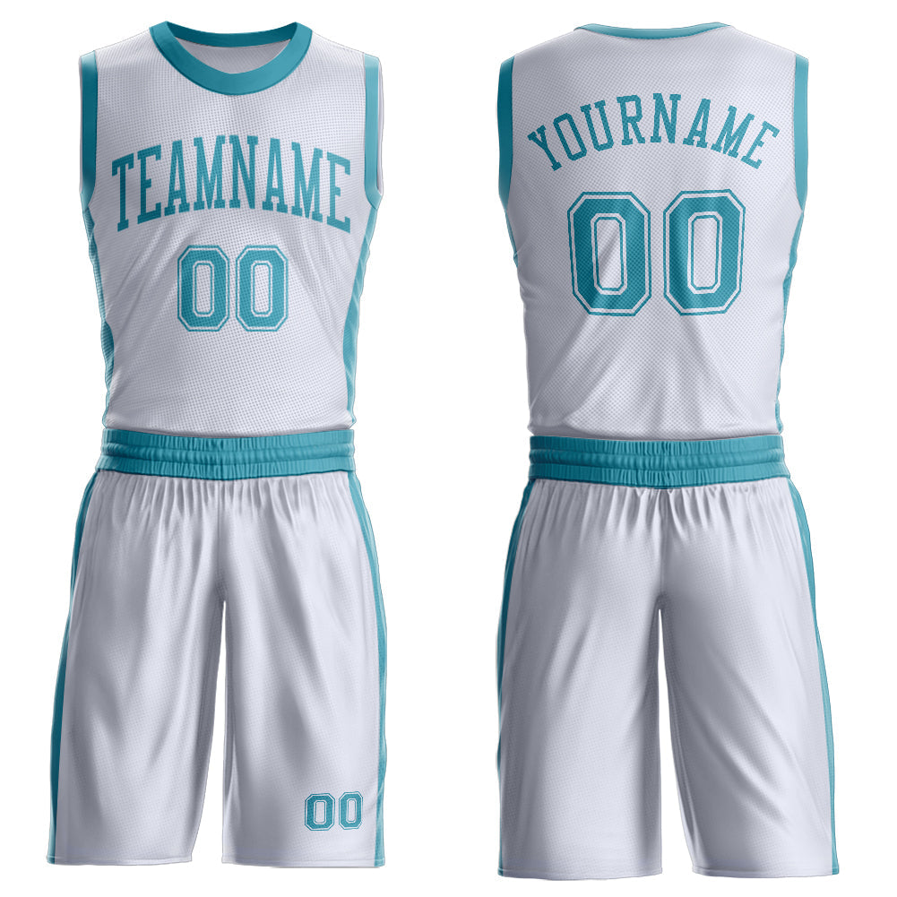 Custom White Teal Round Neck Basketball Uniform Jersey