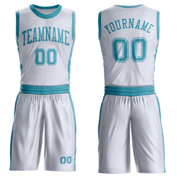 Custom White Teal Round Neck Basketball Uniform Jersey