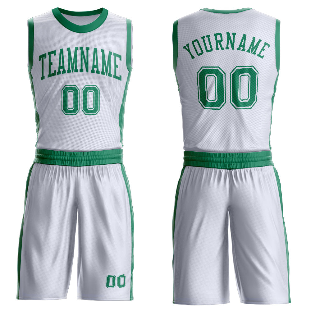 Custom White Kelly Green Round Neck Basketball Uniform Jersey
