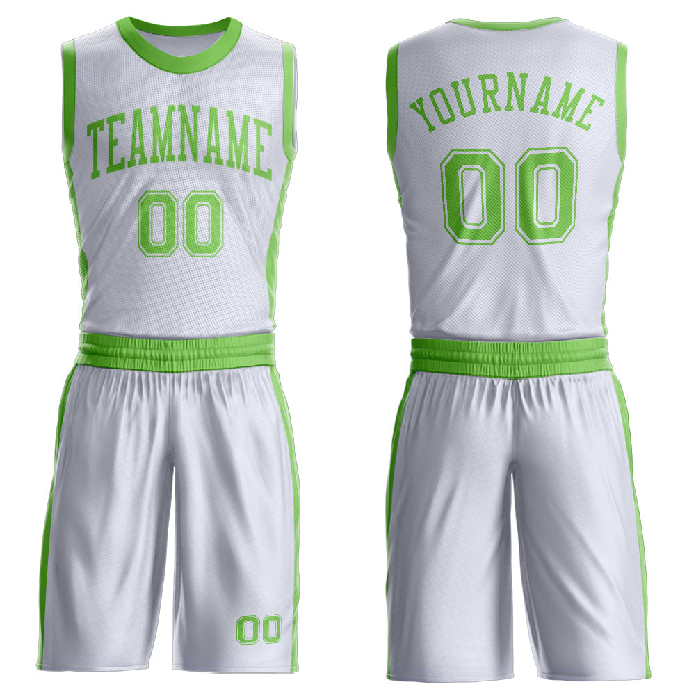 Custom White Neon Green Round Neck Basketball Uniform Jersey