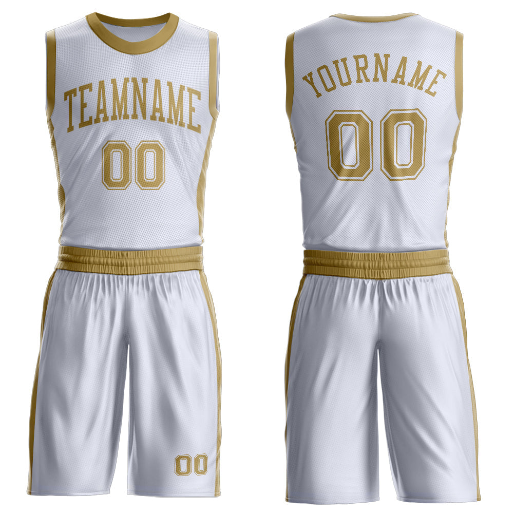 Custom White Old Gold Round Neck Basketball Uniform Jersey