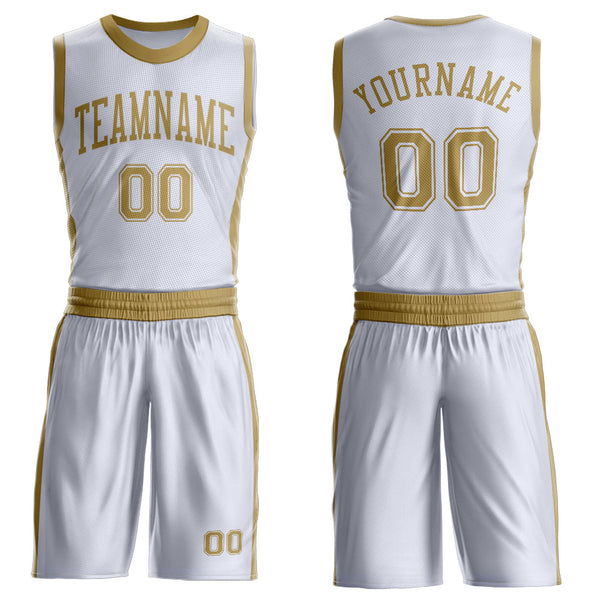 Custom White Old Gold Round Neck Basketball Uniform Jersey