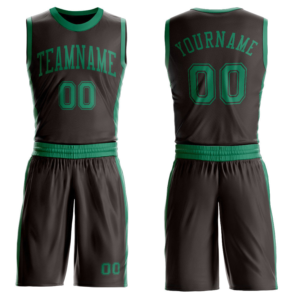 Custom Brown Kelly Green Round Neck Basketball Uniform Jersey