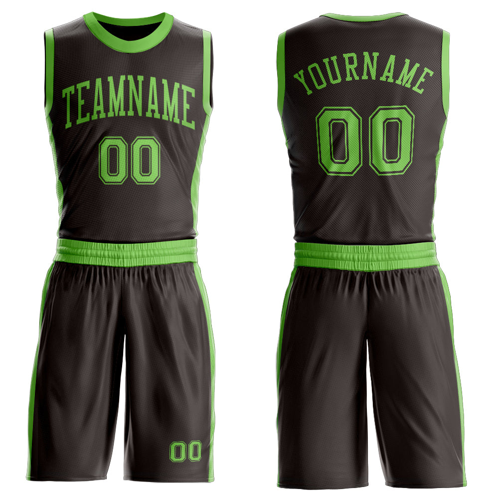 Custom Brown Neon Green Round Neck Basketball Uniform Jersey