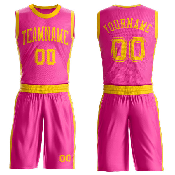 Custom Pink Gold Round Neck Basketball Uniform Jersey