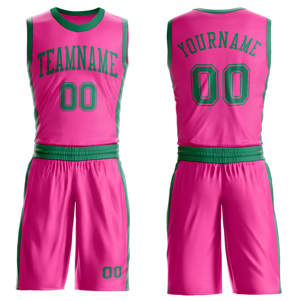 Custom Pink Kelly Green Round Neck Basketball Uniform Jersey