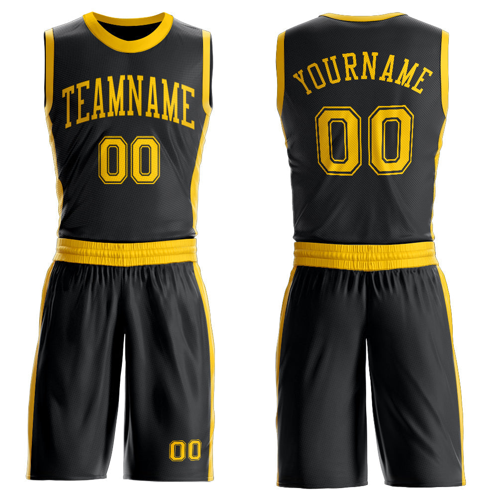 Custom Black Gold Round Neck Basketball Uniform Jersey