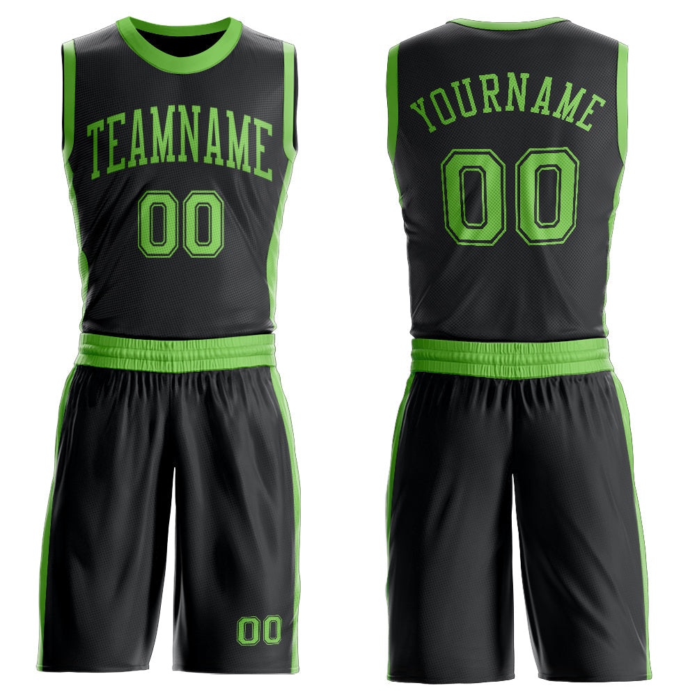 Custom Black Neon Green Round Neck Basketball Uniform Jersey
