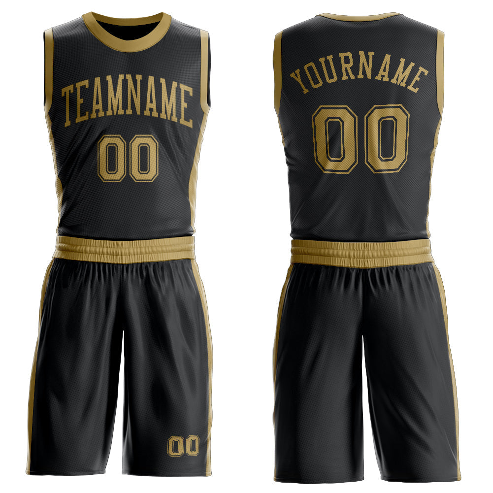 Custom Black Old Gold Round Neck Basketball Uniform Jersey