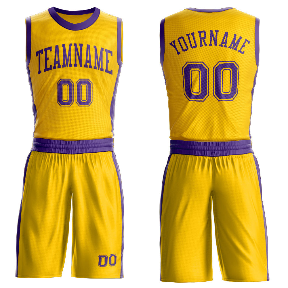 Custom Gold Purple Round Neck Basketball Uniform Jersey