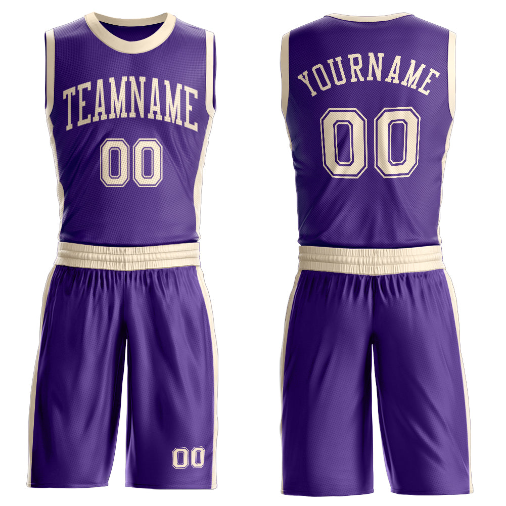 Custom Purple Cream Round Neck Basketball Uniform Jersey