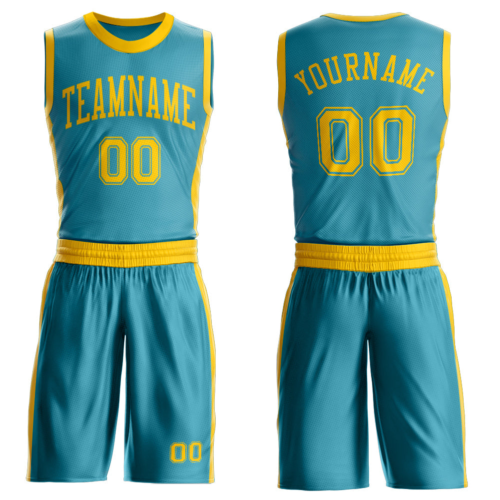 Custom Teal Gold Round Neck Basketball Uniform Jersey