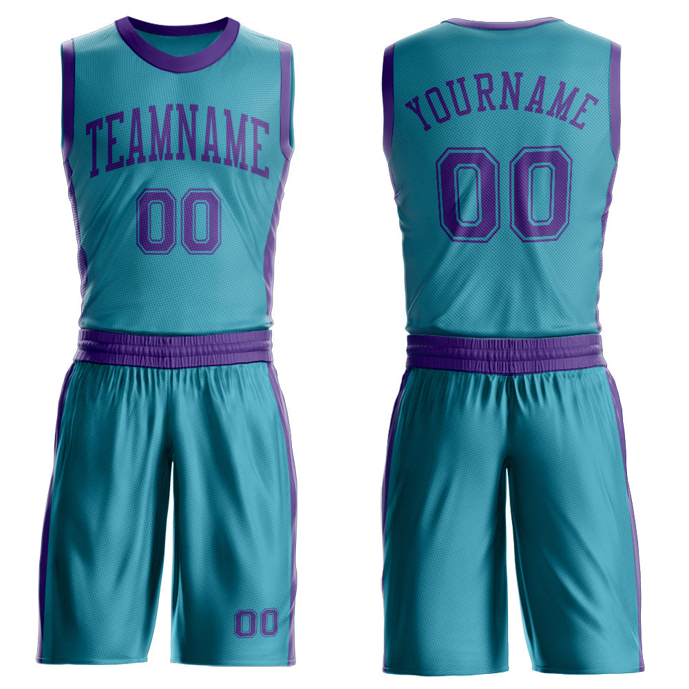 Custom Teal Purple Round Neck Basketball Uniform Jersey