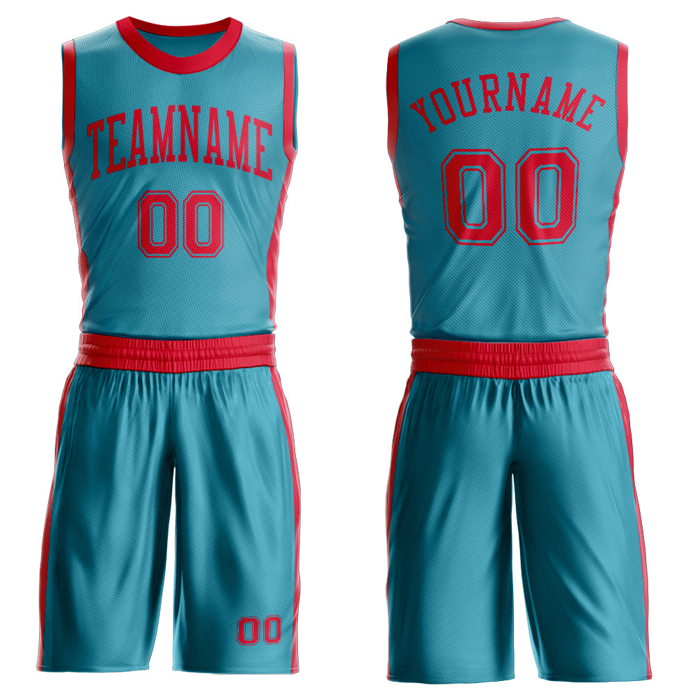 Custom Teal Red Round Neck Basketball Uniform Jersey