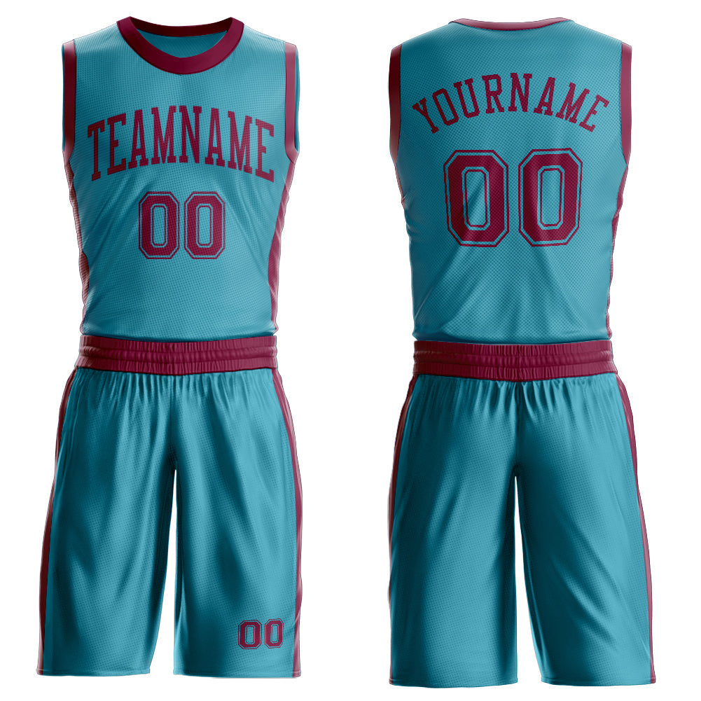 Custom Teal Maroon Round Neck Basketball Uniform Jersey
