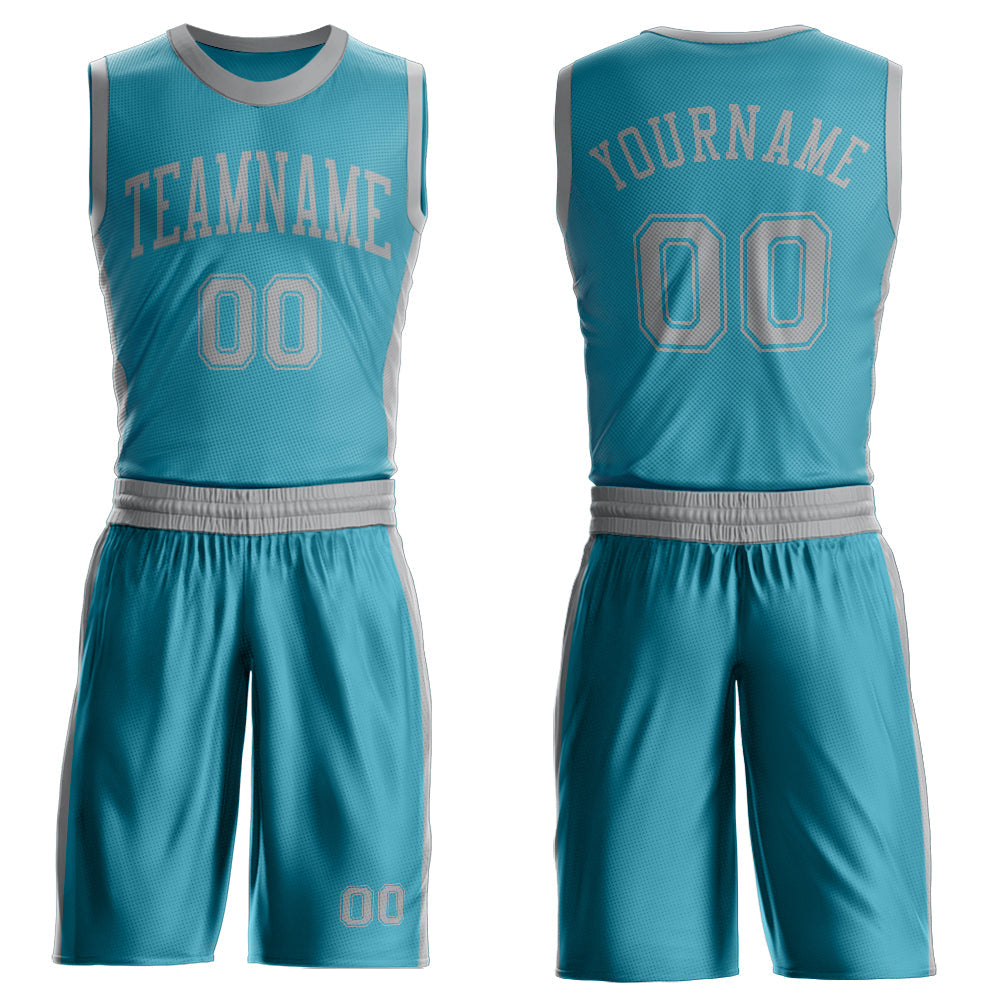 Custom Teal Gray Round Neck Basketball Uniform Jersey