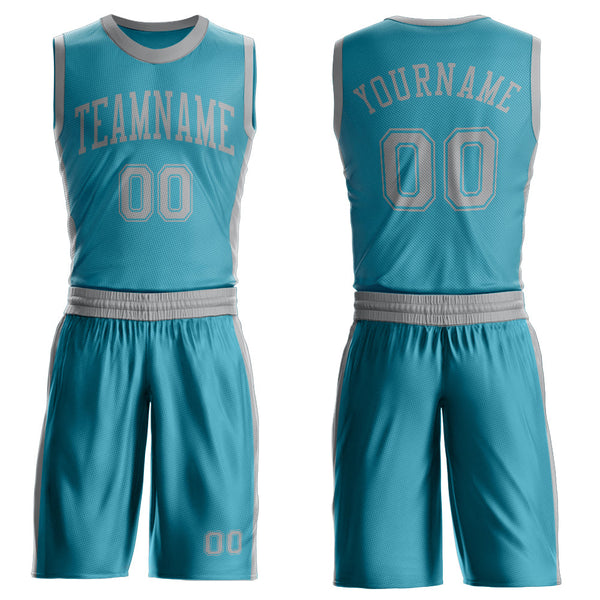Custom Teal Gray Round Neck Basketball Uniform Jersey