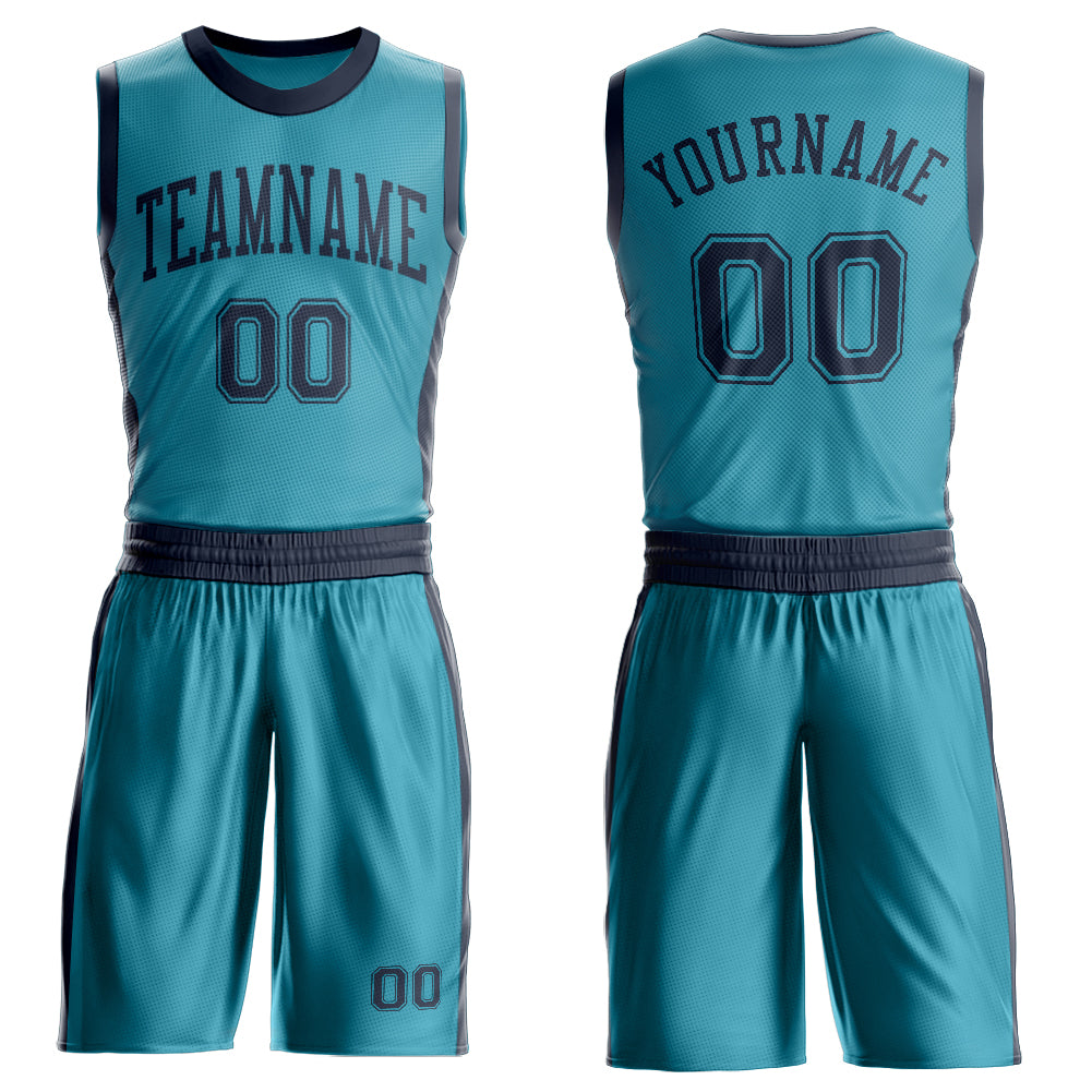 Custom Teal Navy Round Neck Basketball Uniform Jersey