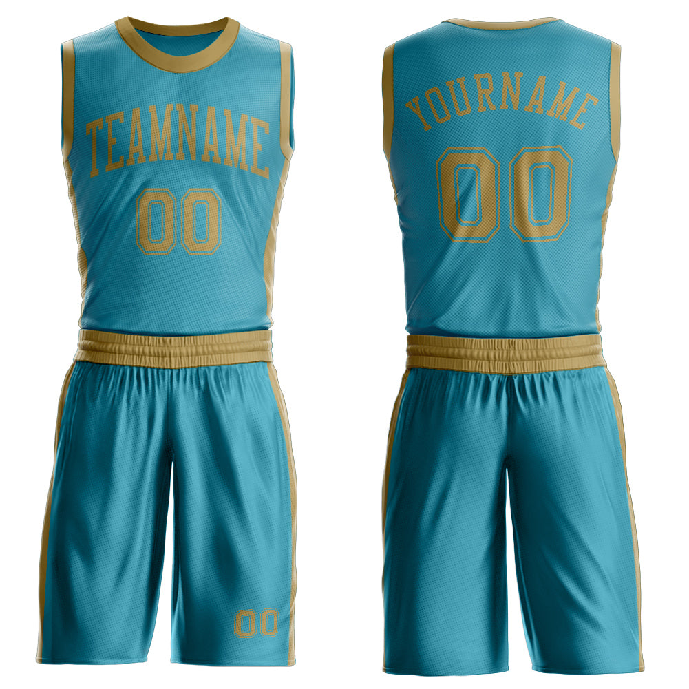 Custom Teal Old Gold Round Neck Basketball Uniform Jersey