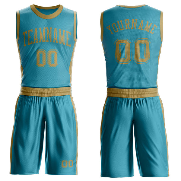 Custom Teal Old Gold Round Neck Basketball Uniform Jersey