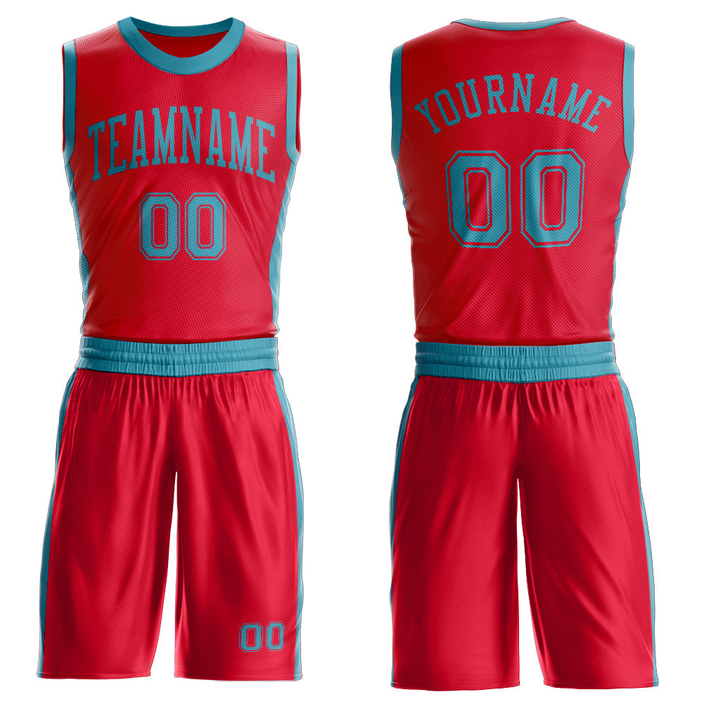 Custom Red Teal Round Neck Basketball Uniform Jersey